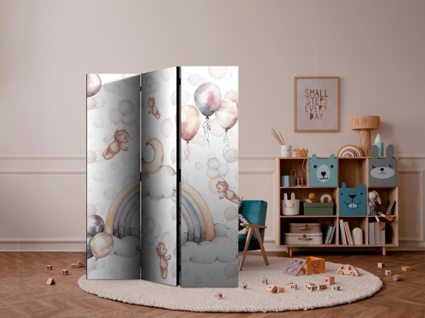 Parawan - Pluszowe misie z balonikami - Latające jasno-brązowe misie pośród balonów - chmur i tęczy w stonowanej - pastelowej kolorystyce