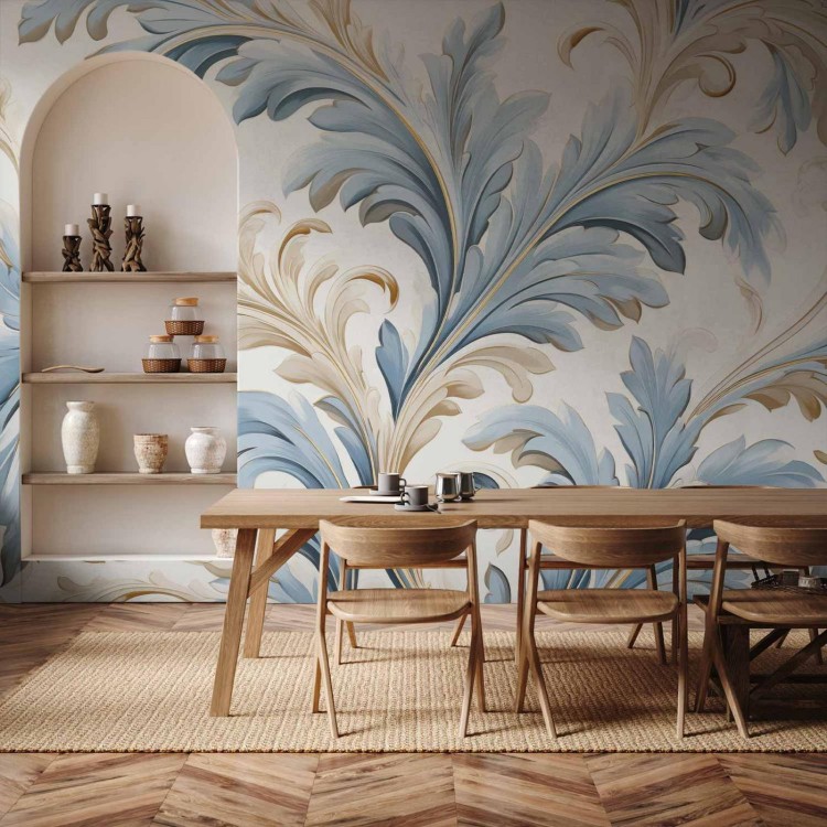 Fototapeta - Barokowe ornamenty w jasnej kremowo-niebieskiej kolorystyce