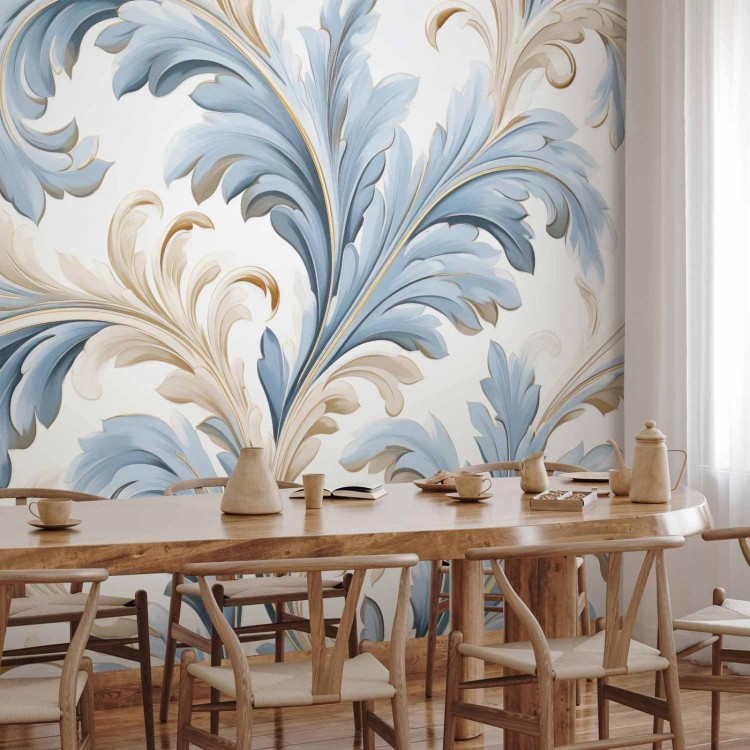 Fototapeta - Barokowe ornamenty w jasnej kremowo-niebieskiej kolorystyce