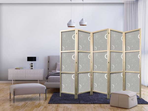 Parawan japoński - Kosmiczne Fajerwerki - elegancki wzór z księżycami i gwiazdami na szarym tle