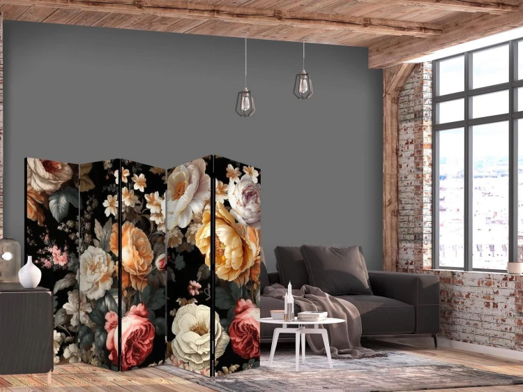 Parawan - Florystyka w stylu vintage - ogrom kolorowych kwiatów na czarnym tle