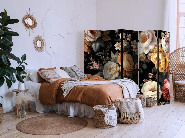 Parawan - Florystyka w stylu vintage - ogrom kolorowych kwiatów na czarnym tle