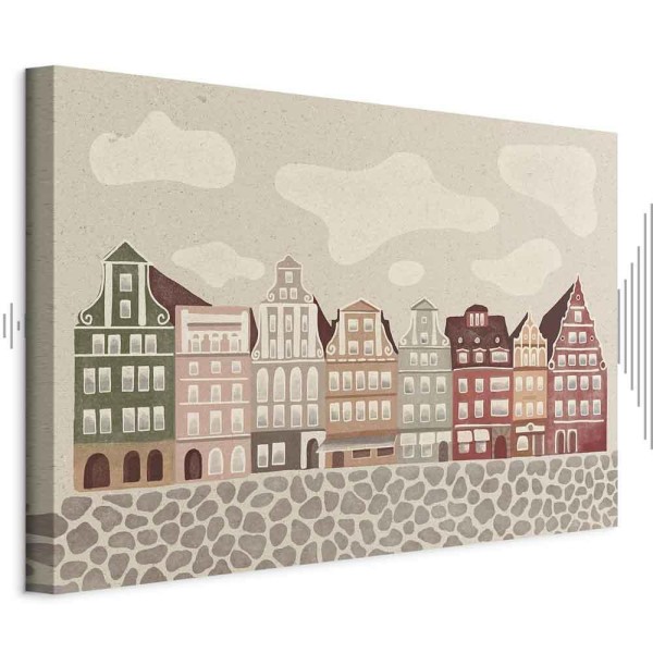 Obraz - Plac Solny - kolorowe ilustrowane kamieniczki na tle nieba z chmurami