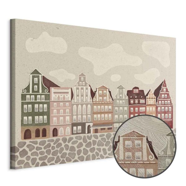 Obraz - Plac Solny - kolorowe ilustrowane kamieniczki na tle nieba z chmurami