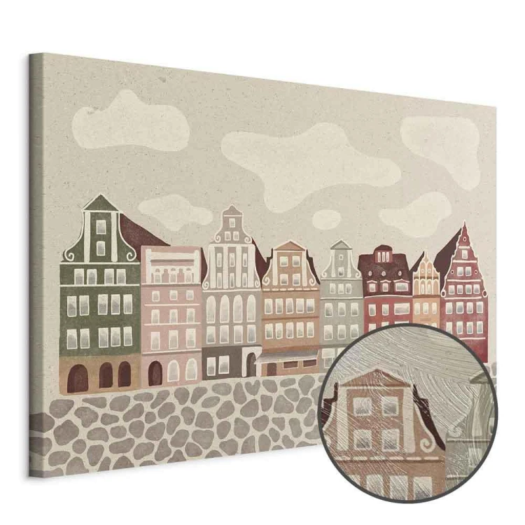 Obraz - Plac Solny - kolorowe ilustrowane kamieniczki na tle nieba z chmurami