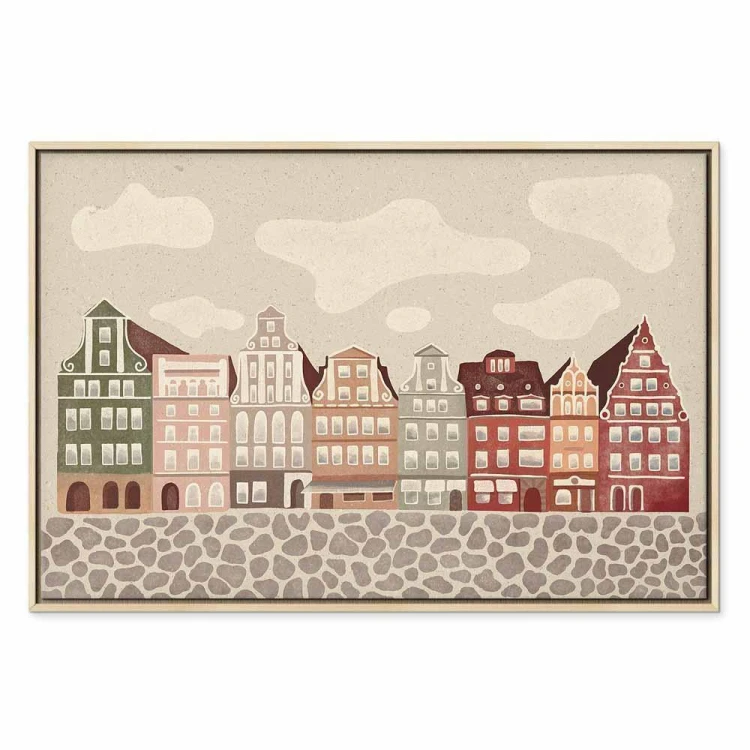 Obraz - Plac Solny - kolorowe ilustrowane kamieniczki na tle nieba z chmurami