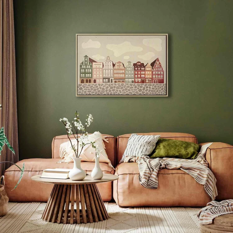 Obraz - Plac Solny - kolorowe ilustrowane kamieniczki na tle nieba z chmurami