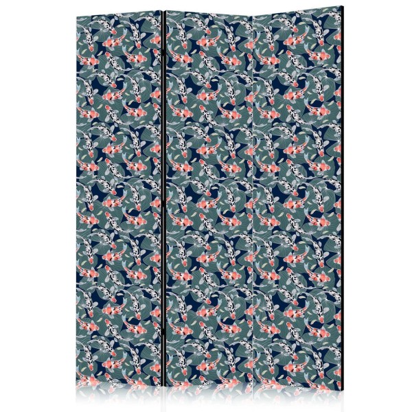 Parawan - Rybki wśród liści - Barwne rybki Koi wśród ciemnozielonych lisci nenufarów na tafli granatowej wody