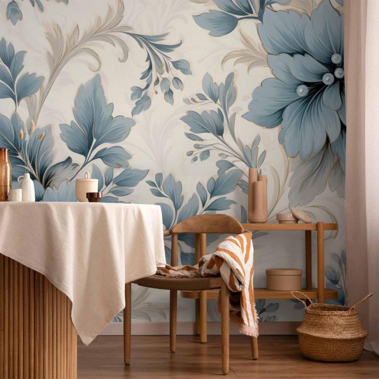 Fototapeta - Turkusowe kwiaty w retro klimacie - florystyczne ornamenty