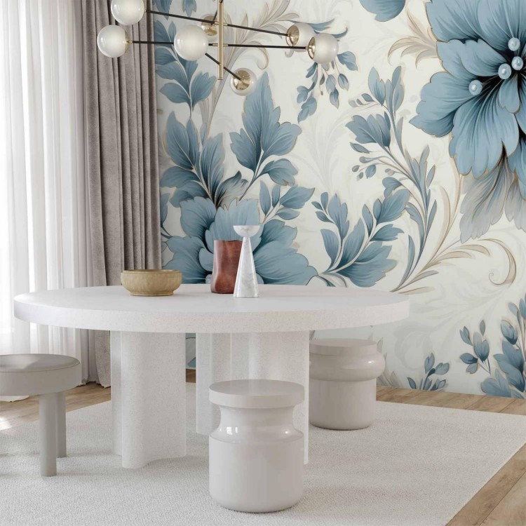 Fototapeta - Turkusowe kwiaty w retro klimacie - florystyczne ornamenty