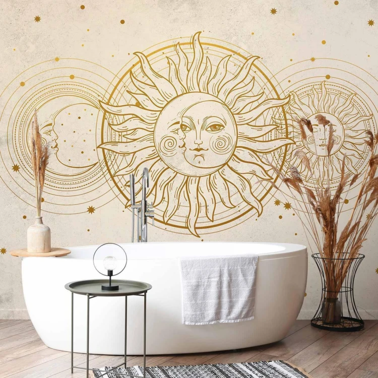 Fototapeta - Złote Słońce i Księżyc - artystyczna ilustracja w stylu retro