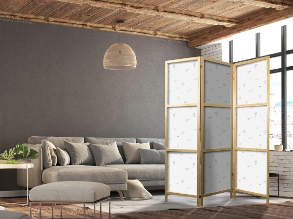 Parawan japoński - Rysunek - samoloty - balony i sterowce na tle nieba pełnego ptaków