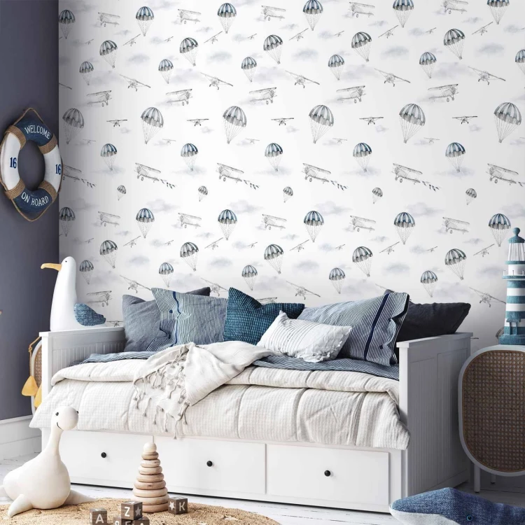Tapeta - Akwarela - pokaz samolotów na jasnym niebie z delikatnymi chmurkami