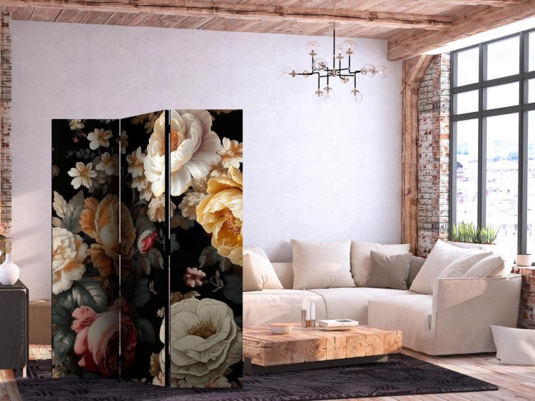 Parawan - Florystyka w stylu vintage - ogrom kolorowych kwiatów na czarnym tle