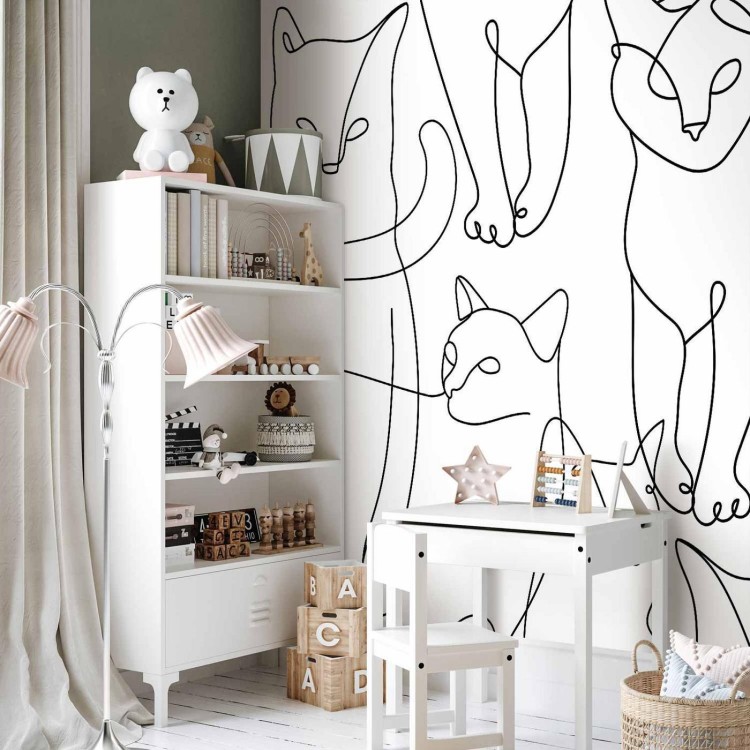 Fototapeta - Koci lineart - minimalistyczne szkice czarnych kotów na białym tle