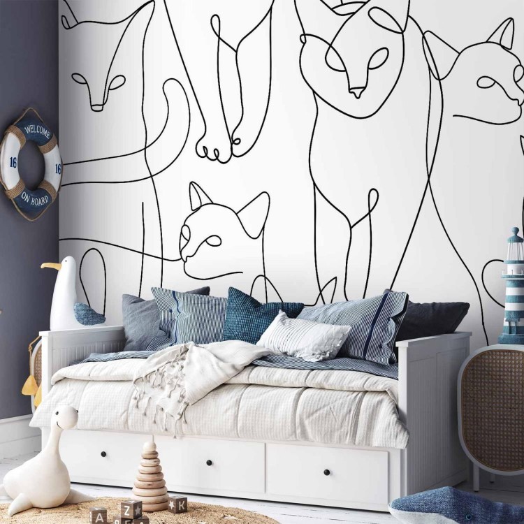 Fototapeta - Koci lineart - minimalistyczne szkice czarnych kotów na białym tle