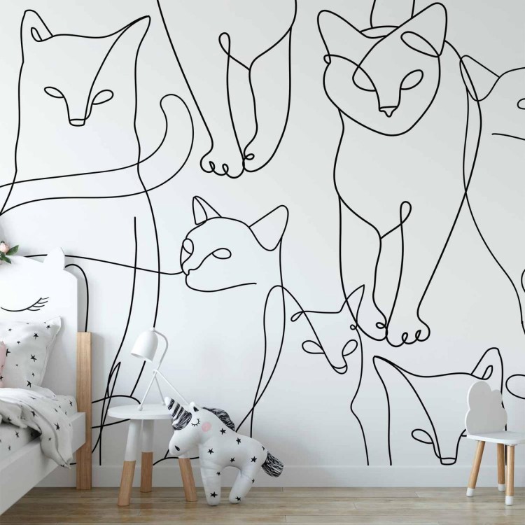 Fototapeta - Koci lineart - minimalistyczne szkice czarnych kotów na białym tle