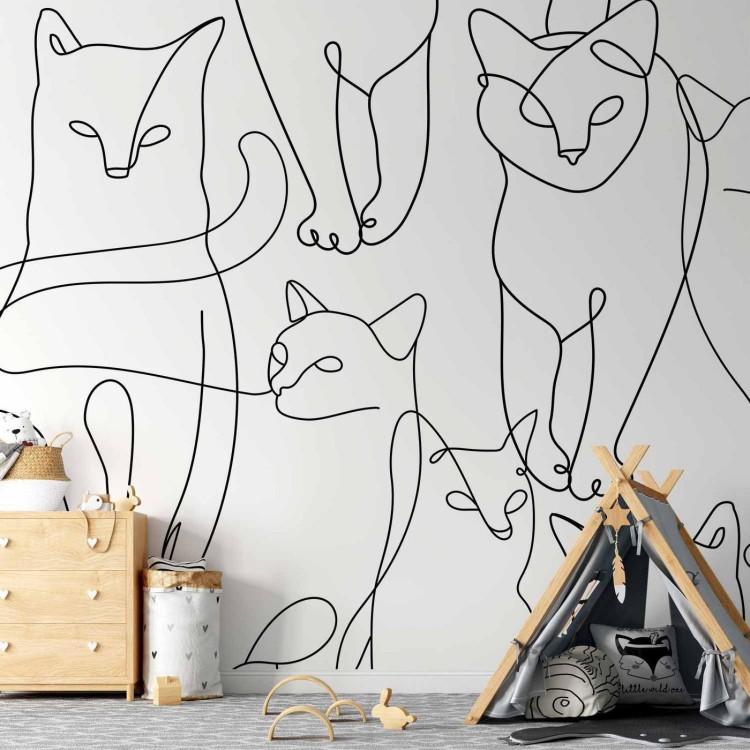 Fototapeta - Koci lineart - minimalistyczne szkice czarnych kotów na białym tle