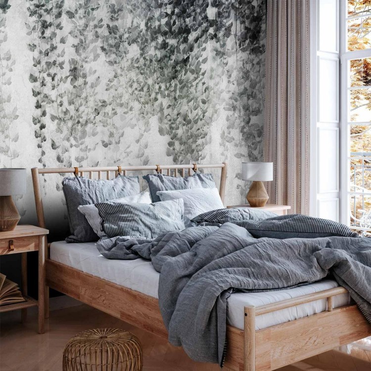 Fototapeta - Oaza spokoju - pejzaż wiszących pnącz czarnych liści na szarym tle