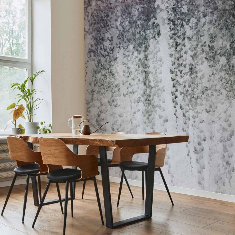 Fototapeta - Oaza spokoju - pejzaż wiszących pnącz czarnych liści na szarym tle