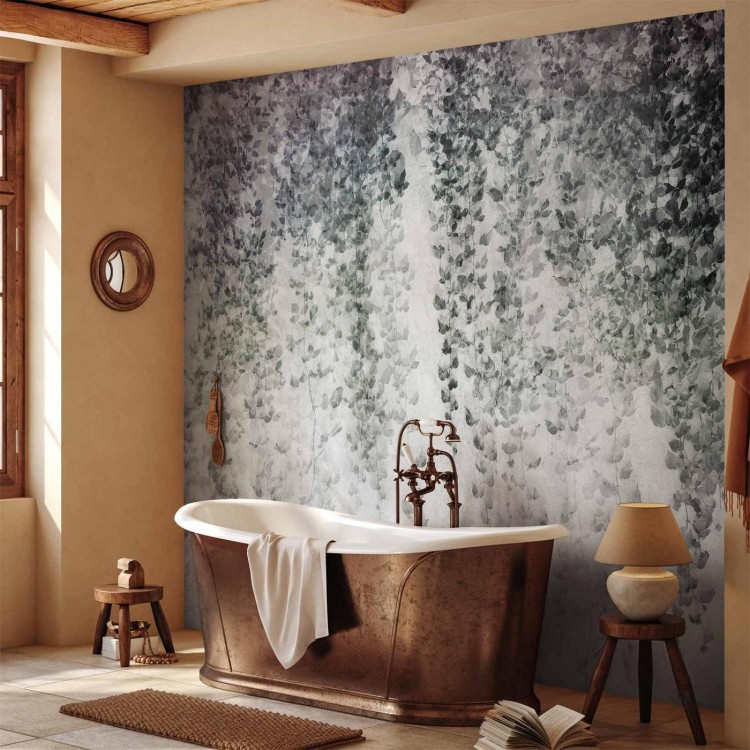 Fototapeta - Oaza spokoju - pejzaż wiszących pnącz czarnych liści na szarym tle