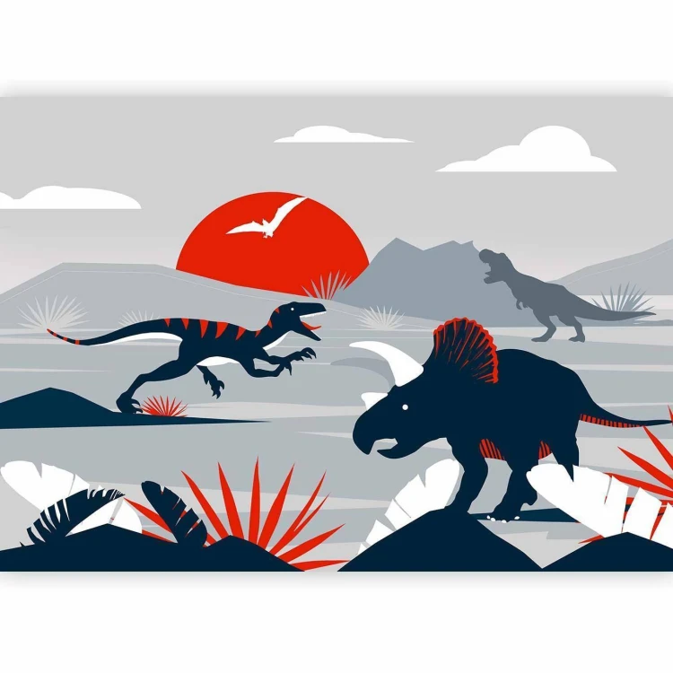 Fototapeta - Ostatnie dinozaury z czerwienią - abstrakcyjny krajobraz do pokoju