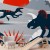 Fototapeta - Ostatnie dinozaury z czerwienią - abstrakcyjny krajobraz do pokoju