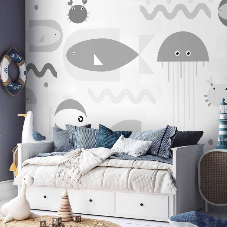 Fototapeta - Minimalistyczny szary ocean - geometryczne rybki w wodzie dla dzieci