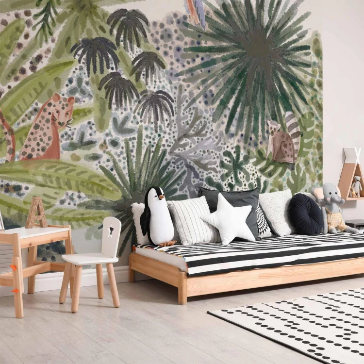 Fototapeta - Flora Madagaskaru - krajobraz tropikalny z akwarelowymi zwierzętami