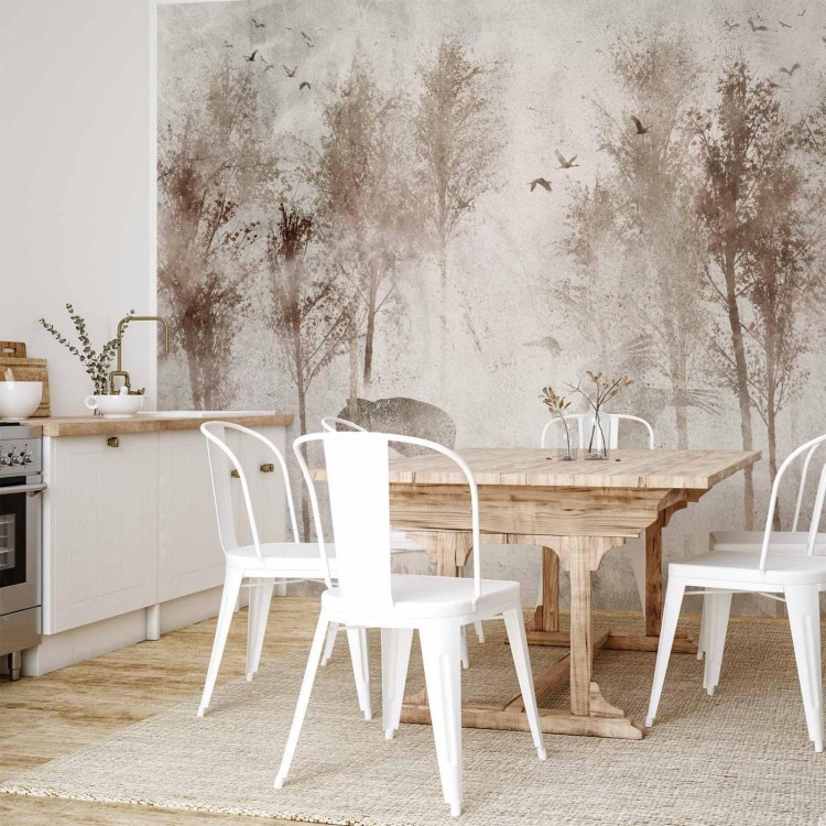 Fototapeta - Pośród drzew - pejzaż w szarych tonach we mgle na polanie z ptakami