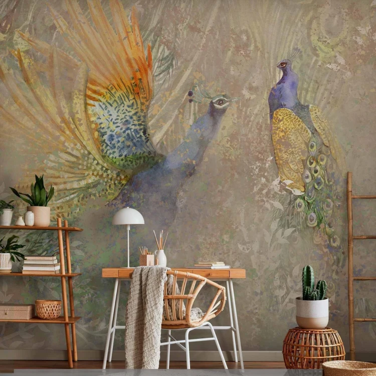 Fototapeta - Pawie w tańcu - motyw ptaków wśród abstrakcyjnego deseniu w ornamenty
