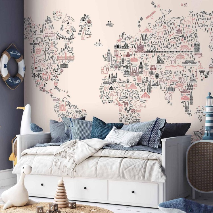 Fototapeta - Mapa z ikon - rysunkowe przedstawienie świata w pastelowych kolorach