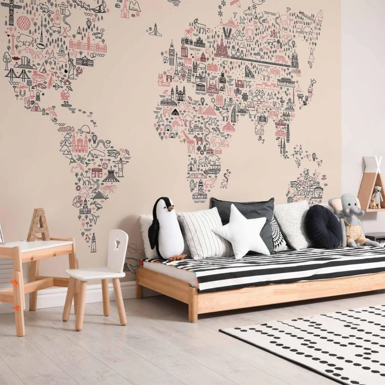 Fototapeta - Mapa z ikon - rysunkowe przedstawienie świata w pastelowych kolorach