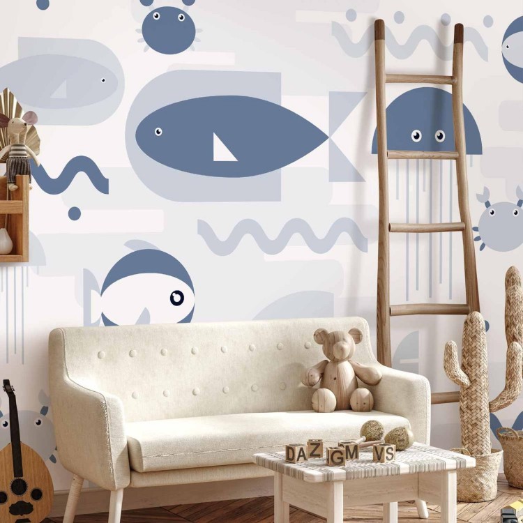 Fototapeta - Minimalistyczny ocean - geometryczne rybki i kraby w wodzie dla dzieci