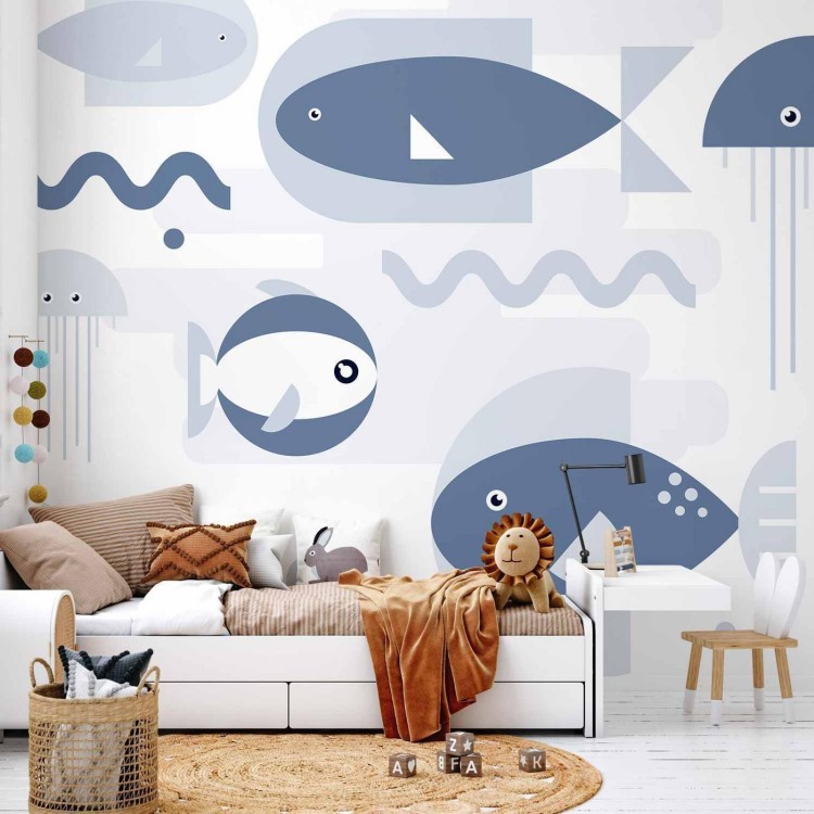 Fototapeta - Minimalistyczny ocean - geometryczne rybki i kraby w wodzie dla dzieci