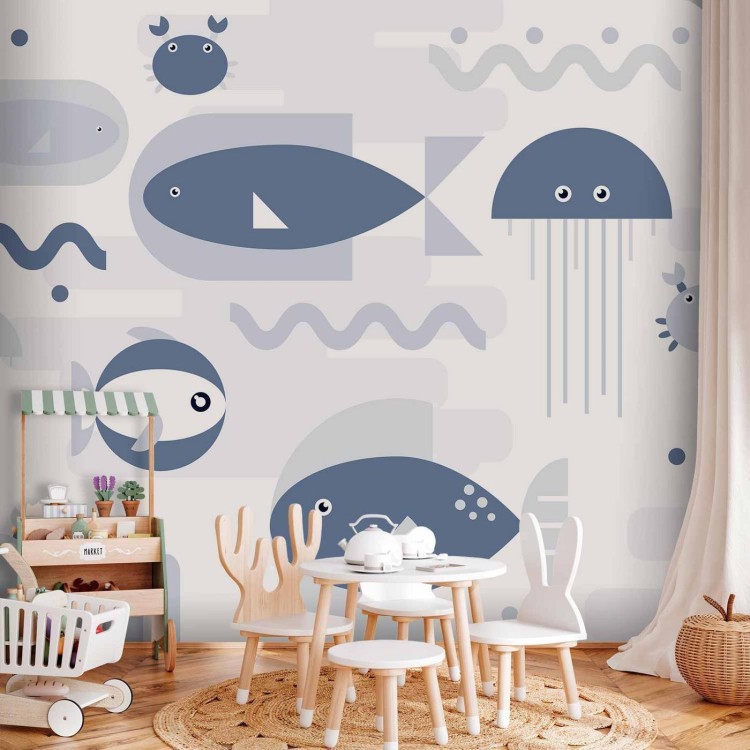 Fototapeta - Minimalistyczny ocean - geometryczne rybki i kraby w wodzie dla dzieci