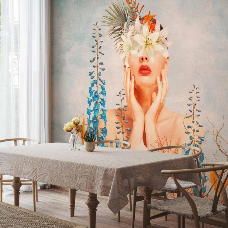 Fototapeta - Natura w myślach - postać kobiety wśród kwiatów na tle z deseniem