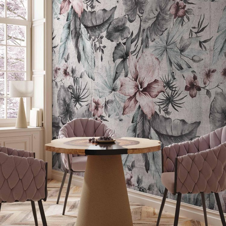 Fototapeta - Natura w stylu retro - pejzaż z liśćmi i kwiatami w szarych tonach
