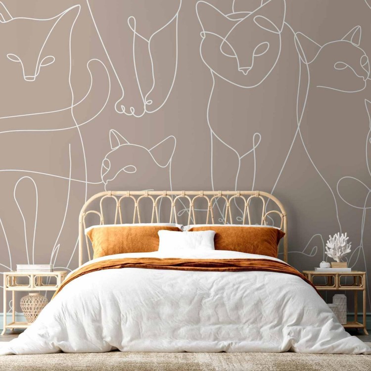 Fototapeta - Koci lineart - minimalistyczne szkice białych kotów na beżowym tle