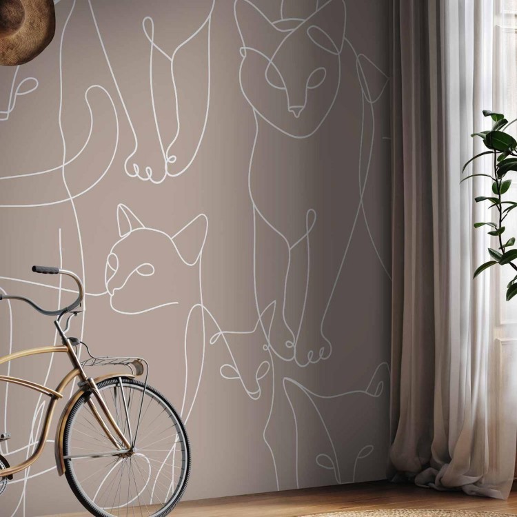 Fototapeta - Koci lineart - minimalistyczne szkice białych kotów na beżowym tle