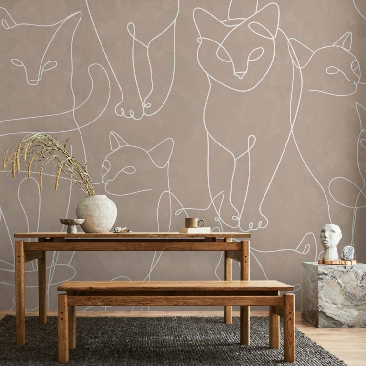 Fototapeta - Koci lineart - minimalistyczne szkice białych kotów na beżowym tle