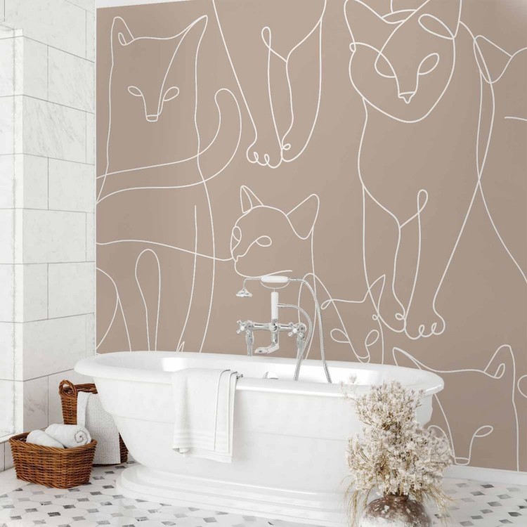 Fototapeta - Koci lineart - minimalistyczne szkice białych kotów na beżowym tle