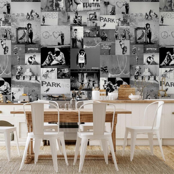 Tapeta - Banksy - szary kolaż