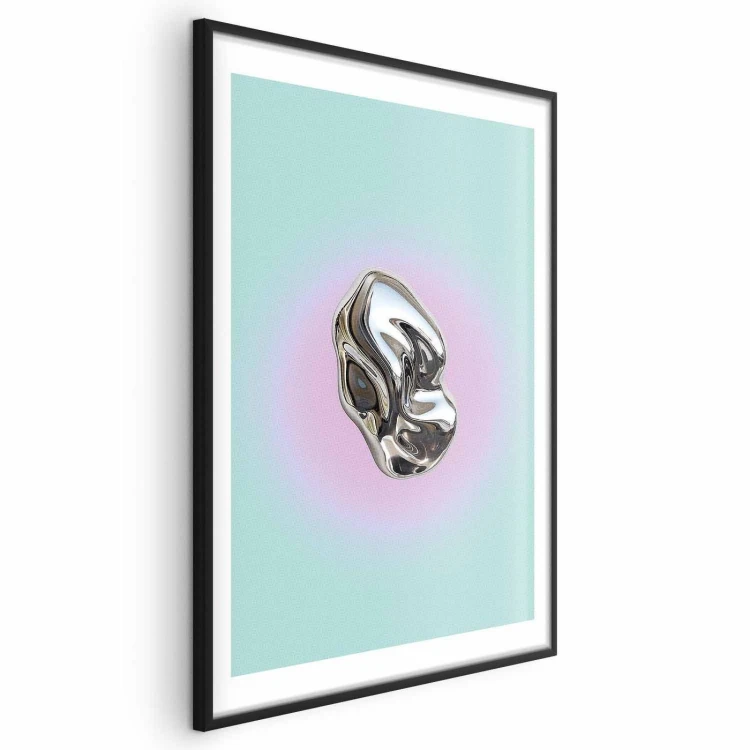 Plakat - Metaliczna Forma - abstrakcyjna rzeźba na miętowym tle z fioletowym halo