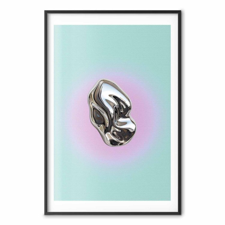 Plakat - Metaliczna Forma - abstrakcyjna rzeźba na miętowym tle z fioletowym halo