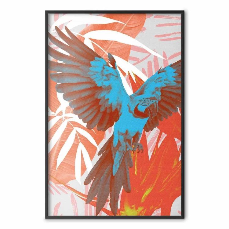 Plakat - Egzotyczne skrzydła - Papuga wśród abstrakcyjnych wzorów liści