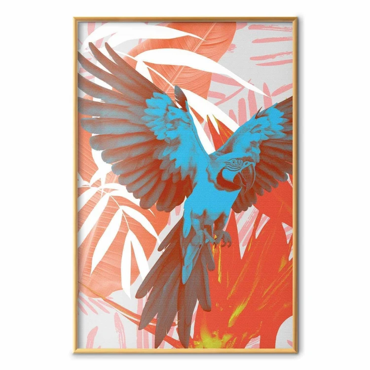Plakat - Egzotyczne skrzydła - Papuga wśród abstrakcyjnych wzorów liści