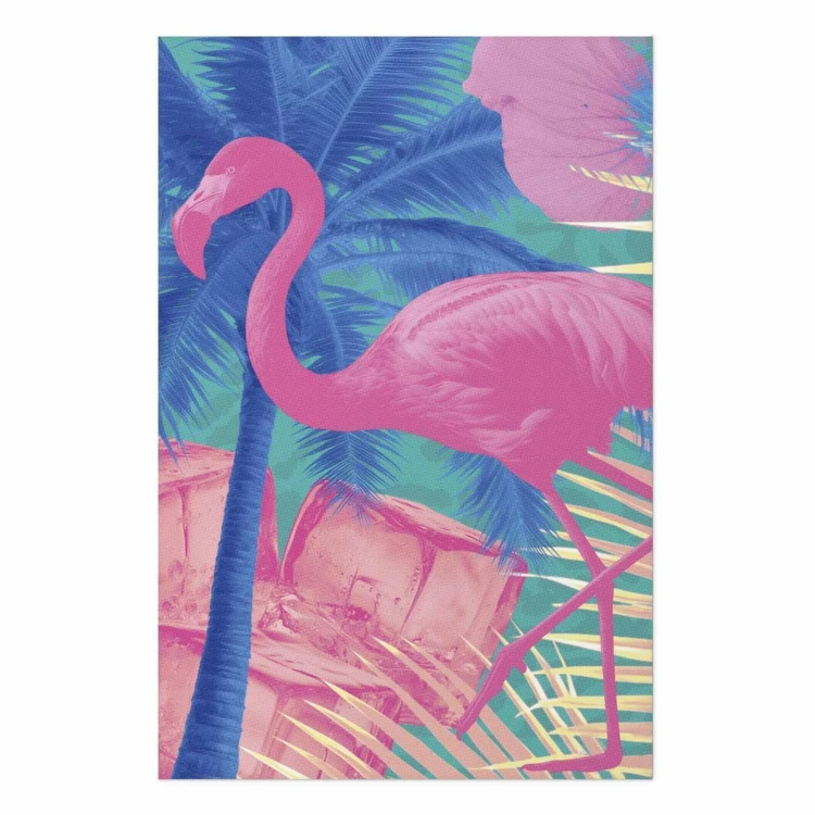 Plakat - Różowy Flaming - Abstrakcyjny Flaming na Tle Palm i Kostek Lodu