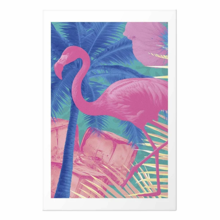 Plakat - Różowy Flaming - Abstrakcyjny Flaming na Tle Palm i Kostek Lodu