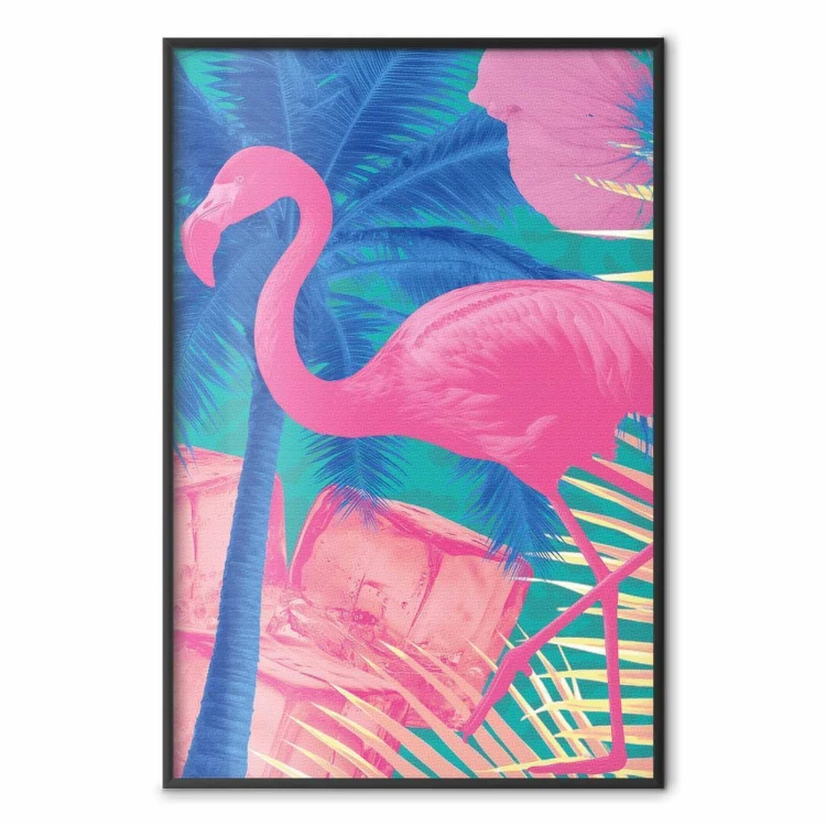 Plakat - Różowy Flaming - Abstrakcyjny Flaming na Tle Palm i Kostek Lodu